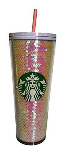 Starbucks Pink  and  White Sequin Glitter Cold Cup Tumbler Holiday 2020 - 24oz