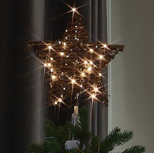 PEIDUO Christmas Rattan Star Tree Topper Adapter Plug in with 40 Warm White Lights Rustic LED Light Up Tree Topper Decoration for Christmas Tree