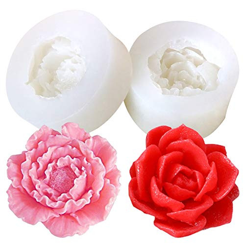 Pendolr 2Pcs 3D Peony and Rose Flower Silicone Soap Molds Candle Molds Clay Mould Cake Decorating Silicone Jello Sugar Chocolate Fondant Molds