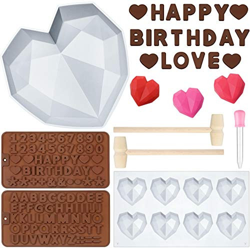 7 Pieces Diamond Heart Love Mousse Cake Mold Silicone Letter and Number Chocolate Mold with Wooden Hammers and Droppers for Home Kitchen DIY Baking Tools 7 Pieces Diamond Heart Love Mousse Cake Mold Silicone Letter and Number Chocolate Mold with Wooden Hammers and Droppers for Home Kitchen DIY Baking Tools