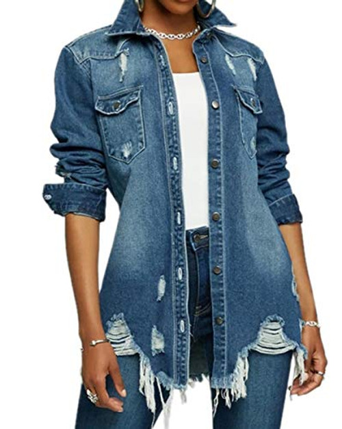 Oversized Denim Jacket for Wwomen Distressed Ripped Long Sleeve Jean Jackets