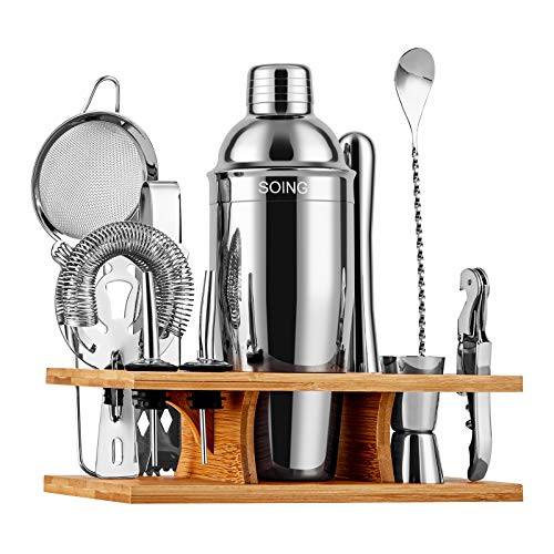 Soing 11-Piece Silver Bartender KitPerfect Home Cocktail Shaker Set for Drink MixingStainless Steel Bar Tools with StandVelvet Carry Bag  and  Cocktail Recipes Cards Silver