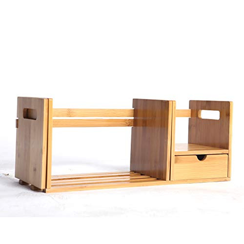 Maydear Bamboo Desktop Bookshelf Expandable Desktop Organizer Table Top Bookcase  with 1 Drawers Desk Storage Organizer Display Shelf Rack for Office Supplies