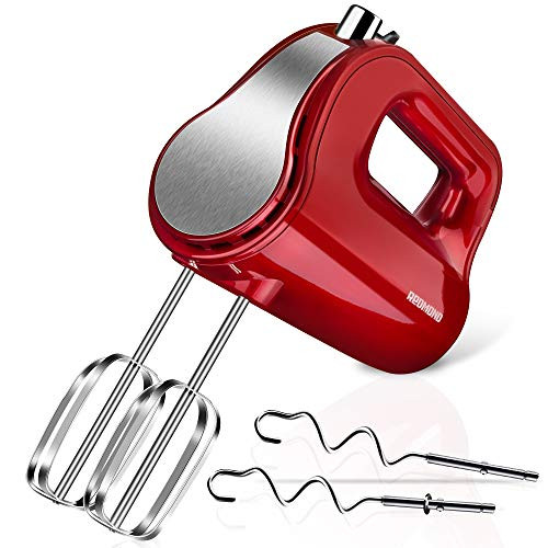REDMOND Hand Mixer 5-Speed Electric Hand Mixer with Turbo Easy Eject Button 250W Handheld Kitchen Mixer with 4 Stainless Steel AttachmentsBeaters and Dough Hooks RED