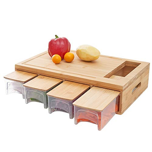 WORTHYEAH Bamboo Cutting Board with Trays and Lids Kitchen Chopping Board with Juice Groove Wood Butcher Block with Easy-grip Handles  and  Food Sliding Opening Wooden Carving Boards for Kitchen