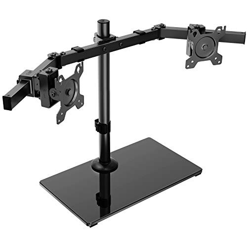 HUANUO Dual Monitor Stand - Free Standing Height Adjustable Two Arm Monitor Mount with Glass Base for 17 inch to 32 inch LCD Screens with Swivel and Tilt Max VESA 100x100mm HNCM19