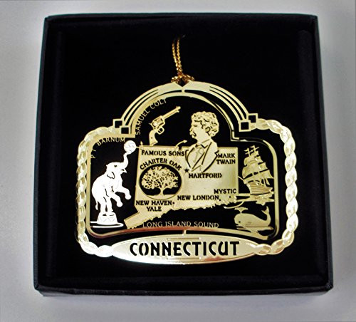 Connecticut State Brass Ornament Black Leatherette Gift Box Connecticut State Brass Ornament Black Leatherette Gift Box