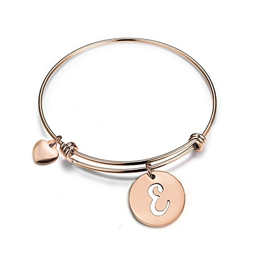 Zuo Bao Rose Gold Initial Disc Expandable Wire Bracelet Bangle with Heart Charm E