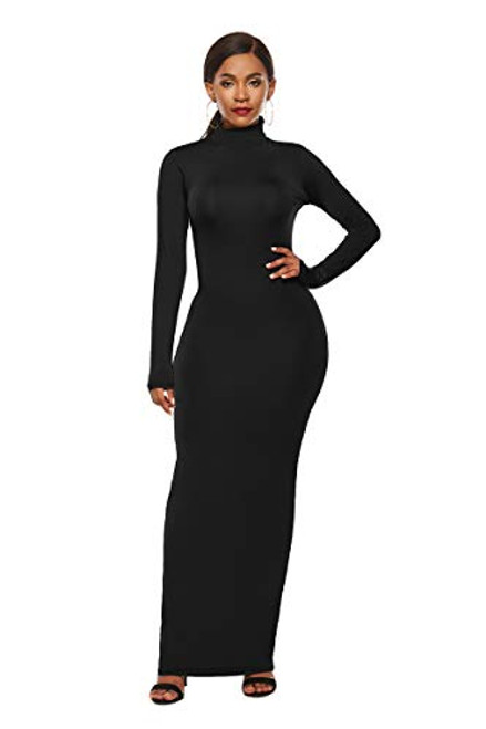 YMING Womens Plus Size Dress Bodycon Maxi Dress Long Sleeve High Neck Dress Black 3XL