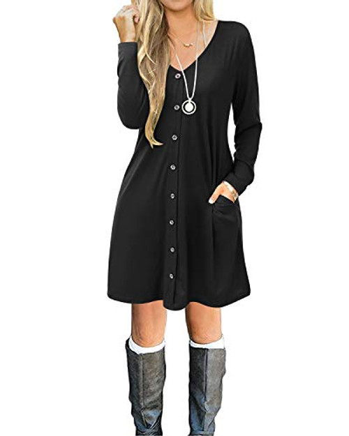 SOLERSUN Striped Dresses for Women Work Casual Womens Casual T-Shirt Dresses Long Sleeve Tunic Loose Swing Dress with Pockets Pure Black M SOLERSUN Striped Dresses for Women Work Casual Womens Casual T-Shirt Dresses Long Sleeve Tunic Loose Swing Dress with Pockets Pure Black M