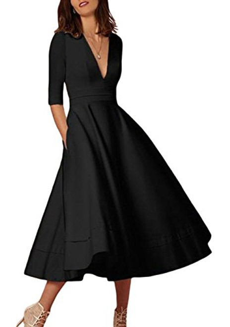 YMING Womens Vintage Wedding Dress Deep V Neck Dress with Pockets Black S YMING Womens Vintage Wedding Dress Deep V Neck Dress with Pockets Black S