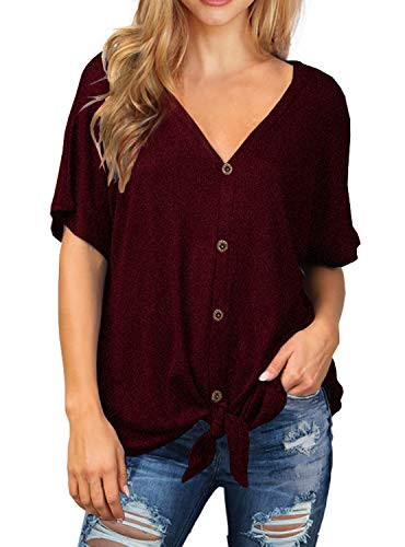 IWOLLENCE Womens Waffle Knit Tunic Blouse Tie Knot Short Sleeve Henley Tops Loose Fitting Bat Wing Shirts Wine Red XX-Large
