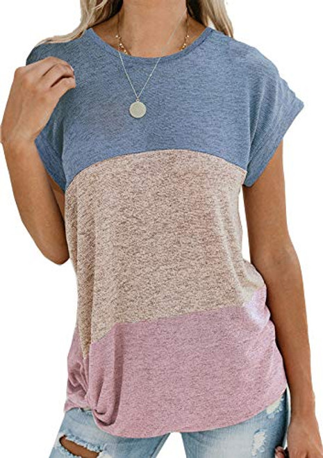 Twotwowin Womens Summer Tunic Tops Color Block Side Twist Knotted Short Sleeve Shirts Casual Blouse blp-xxl Twotwowin Womens Summer Tunic Tops Color Block Side Twist Knotted Short Sleeve Shirts Casual Blouse blp-xxl