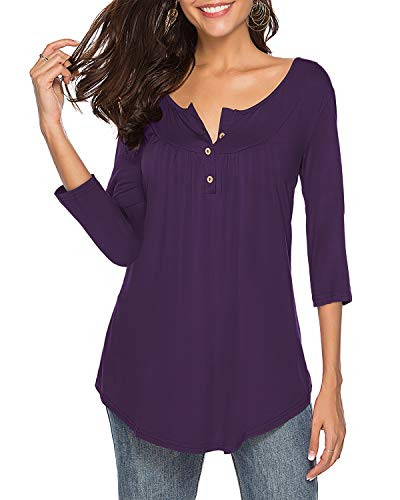 Womens Shirts Casual Tee V Neck 34 Sleeve Button up Loose Fits Tunic Tops Blouses Purple M