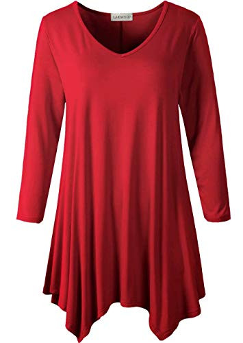 LARACE Plus Size Tunic Tops for Women Asymmetrical 34 Sleeve Shirts V Neck Flowy Blouse for Leggings Wine Red 1X