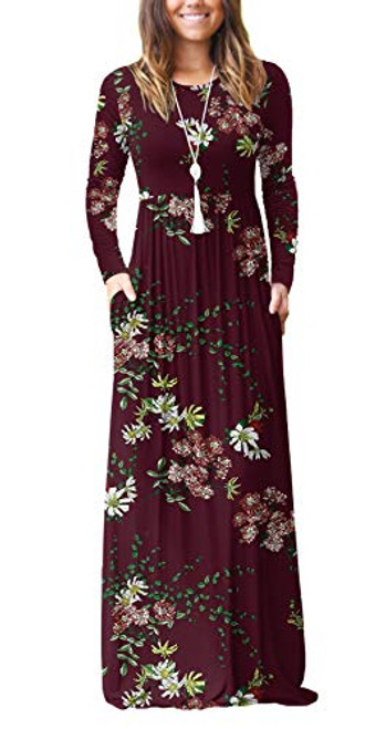 GRECERELLE Womens Long Sleeve Loose Plain Floral Print Maxi Dresses Casual Long Dresses Pockets FP-Wine Red-Large GRECERELLE Womens Long Sleeve Loose Plain Floral Print Maxi Dresses Casual Long Dresses Pockets FP-Wine Red-Large