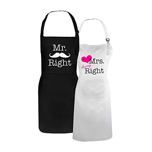 Mr Right Mrs Always Right Heart Aprons Wedding Gifts for Couples His and Hers Kitchen Cooking Bibs Engagement Anniversary Presents for Parents Aprons