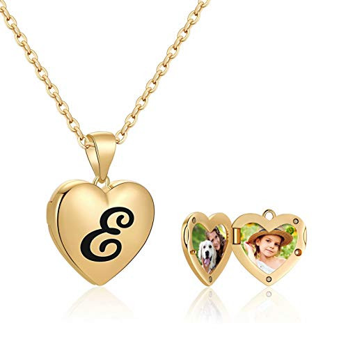 IEFWELL Heart Locket Necklaces That Holds Pictures 14K Gold Plated Letter E Initial Locket Necklaces for Women Girls Heart Initial Necklace for Girls