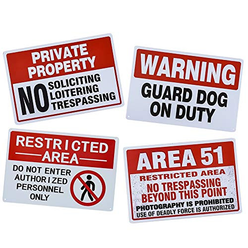 Yunuo 4 Pack Warning Sign Private Property Vintage Garage Sign Area 51 Metal Tin Sign Wall Art Wall Plaque E