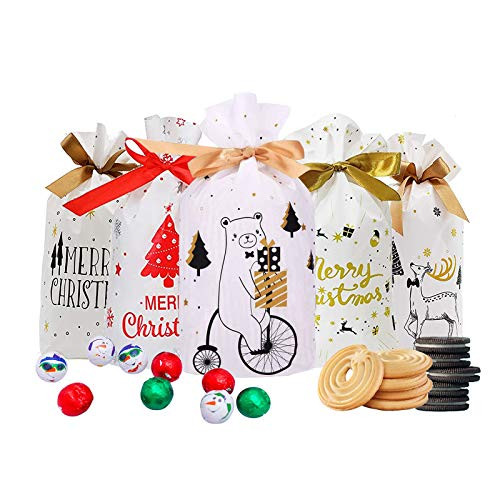 50 Pcs Christmas Candy Bag Christmas Treat Bags Candy Goodies Plastic Drawstring Gift Wrapping Bags for Party Supplies Favor