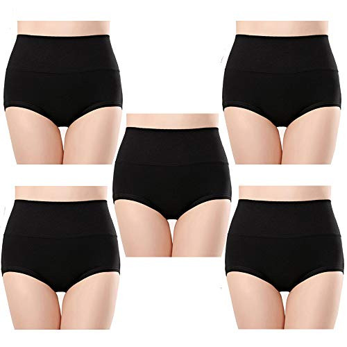 Anktry Ladies Comfort Cotton Underwear 5 Pack High Waist Briefs Tummy Control Stretch Panties Underpants for Women Black 5black Large