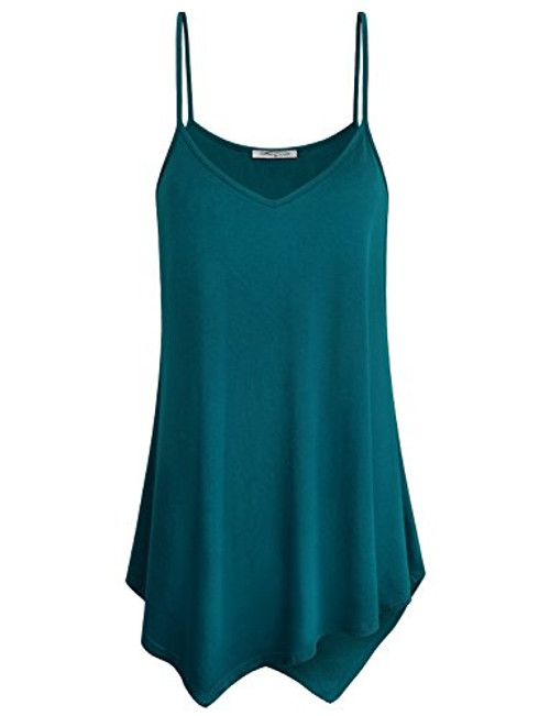 SeSe Code Tunic Tank Tops for Women Ladies Flowy Camisole Spaghetti Strap Tanks Summer Cool Casual Sleeveless Pleated Fashion Sharkbite Hem Vneck Long Cami Dark Cyan XXL Holiday Wear