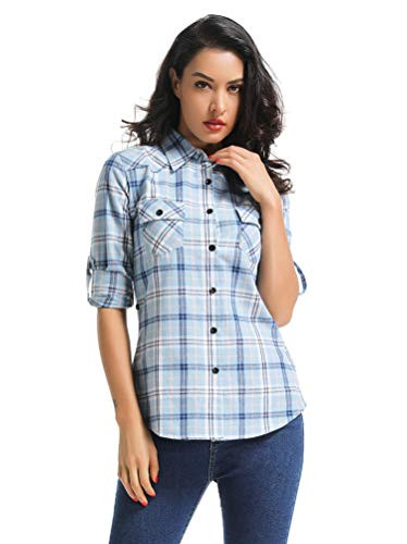 OCHENTA Womens Long Sleeve Button Down Plaid Flannel Shirt M106 Blue White L