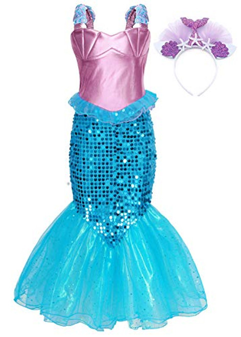 AmzBarley Princess Mermaid Costume for Girls Halloween Cosplay Fancy Party Dress Up Kids Mermaid Outfit Birthday Theme Party Supplies with Headband Size 5 4-5Years