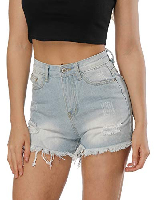 Gonuox Womens High Waist Shorts Juniors Frayed Raw Hem Ripped Denim Jean Shorts Light Blue XL