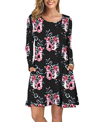 KORSIS Women Long Sleeve Tops T-Shirt Dress Round Neck Casual Loose Dress Flower Black M