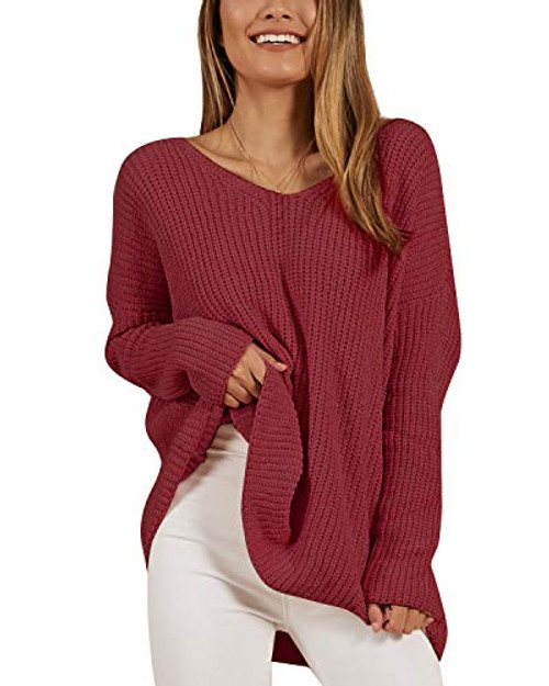 kenoce Women Oversized Sweaters Long Sleeve Blouse Casual V Neck Loose Fit Knit Pullover Jumper Tops