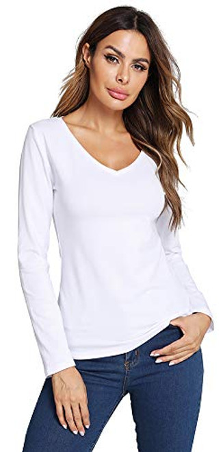 LOVFEE Baisc Womens Cotton Long Sleeve V-Neck T-Shirt Comfortable Casual Tops TeesWhiteM