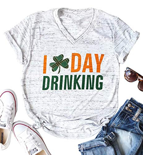 I Day Drinking T-Shirt Women St Patricks Day Short Sleeve V Neck Tees Cute Graphic Plaid Shamrock Top Shirt Size L White