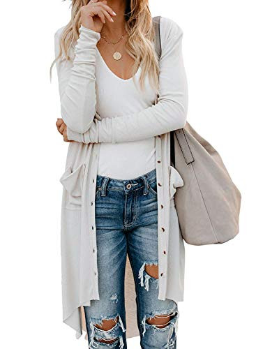 Naggoo Womens Button Down Long Sleeve Open Front Cardigans Fall Thin Cardigan with Pocket White M