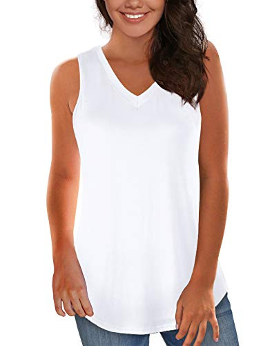 NIASHOT Womens Basic V-Neck Sleeveless Lightweight Summer Tank Tops Plus Size White