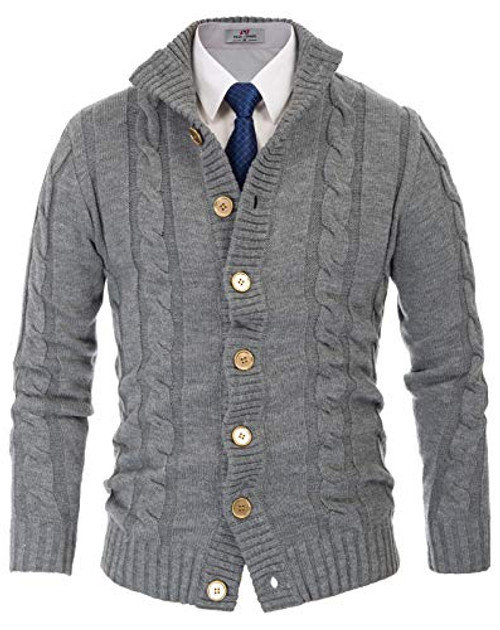 PJ PAUL JONES Mens Twist Sweater Long Sleeve Stand Collar Cardigan Sweater with Buttons M Grey