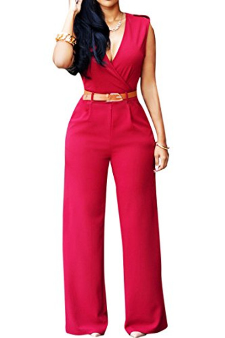 Pink Queen Womens Casual V Neck Long Pants Club Jumpsuits Rompers M Red