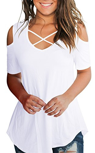 Cold Shoulder Shirts For Women Short Sleeve Summer Tops And Blouse Basic White M