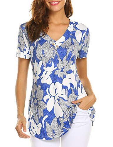 Sweetnight Women Floral Print V Neck Button Decor Peasant Summer Swing Tunic Shirts Blue XX-Large