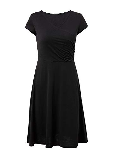 Fleur Wood Womens Short Sleeve V Neck Casual Faux Wrap Ruched Swing Dress Knee Length Black