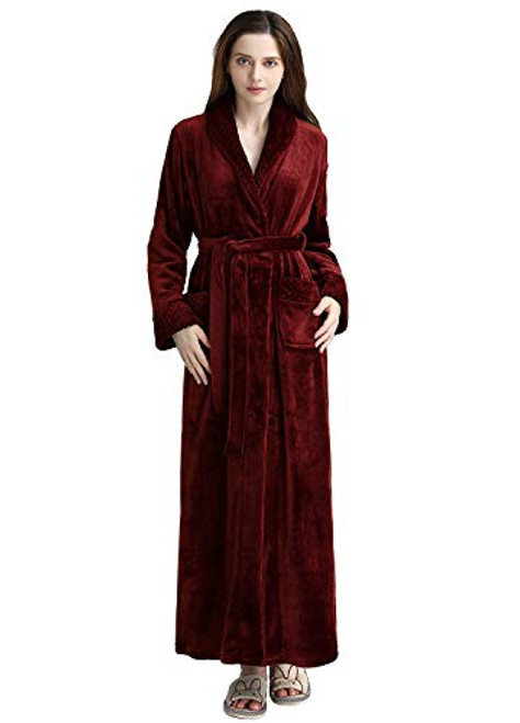 Womens Robe Long Flannel Bathrobe Warm Soft Plush Microfiber Fleece Plus Size Robes SM Wine Red