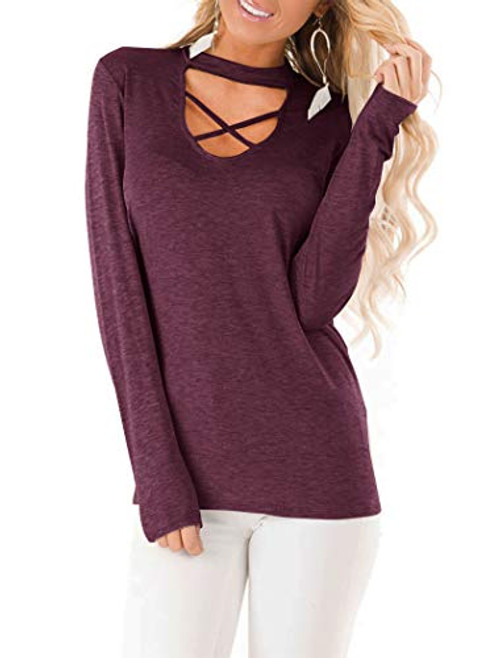 Floral Find Womens Long Sleeve Criss Cross Choker Tunic Tops Casual V Neck T Shirt Blouse Tops Wine Red