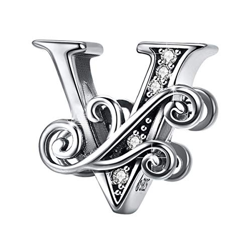 BAMOER 925 Sterling Silver Initial Letter V Charms for Snake Chain Bracelet Necklace Alphabet Beads