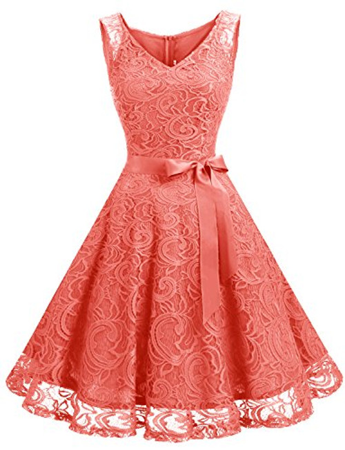 Dressystar 0010 Women Floral Lace Bridesmaid Party Dress Short Prom Dress V Neck Coral M