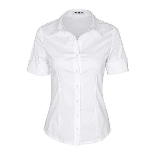 SUNNOW Womens Tailored Short Sleeve Basic Simple Button-Down Shirt with Stretch M White