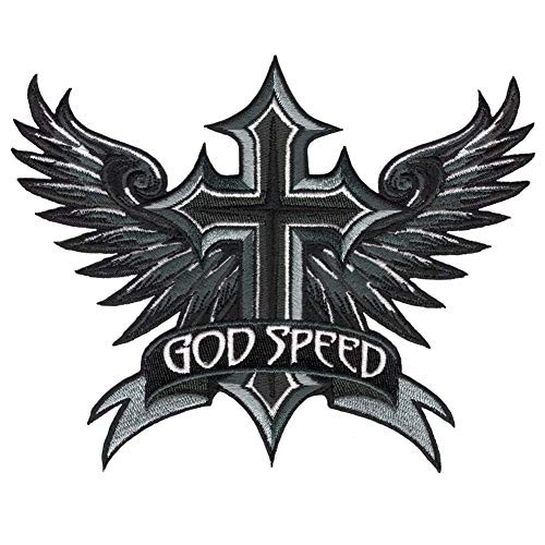 VEGASBEE Godspeed Winged Cross Wings Christian Biker Embroidered Iron-On Patch Medium