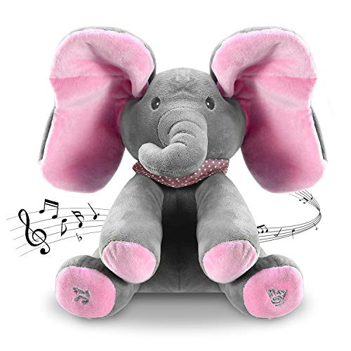 Moclever 12Inch Stuffed Plush Elephant Doll Peek-a-Boo Elephant Animated Talking Singing Cute Elephant Baby Doll Toy for Toddlers Kids Boys Girls Gift Pink