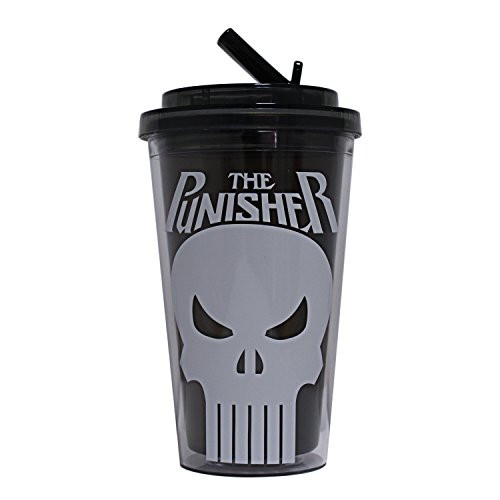 Silver Buffalo PE1584 Marvel Punisher Skull Plastic Cold Cup with Flip Straw, 16-Ounces