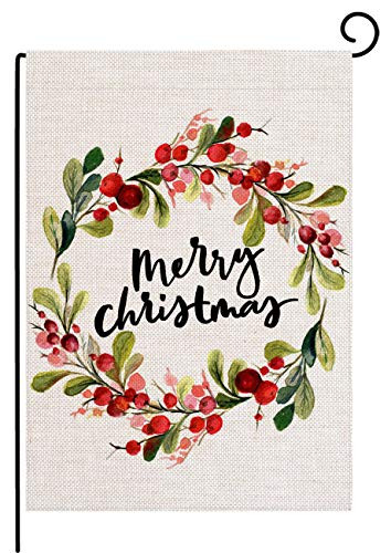 pingpi Merry Christmas Wreath Small Garden Flag Vertical Double Sided Burlap Yard Outdoor Decor 12.5 x 18 Inches