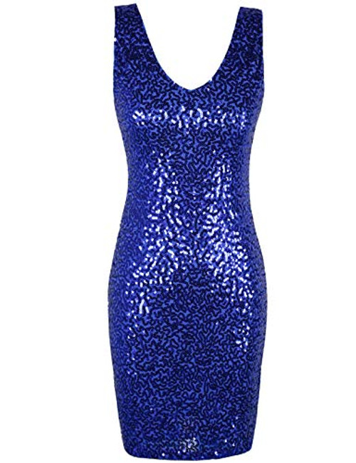 PrettyGuide Womens Sequin Cocktail Dress V Neck Bodycon Glitter Party Dress M Blue